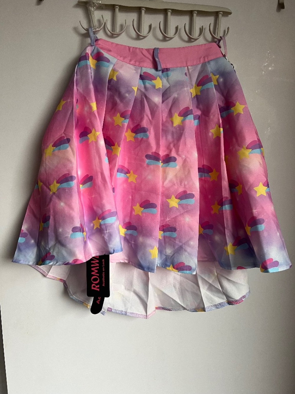 Womens Girls Dreamy Whimsical Pastel Shooting Star Pleated Skirt with Curb Chain